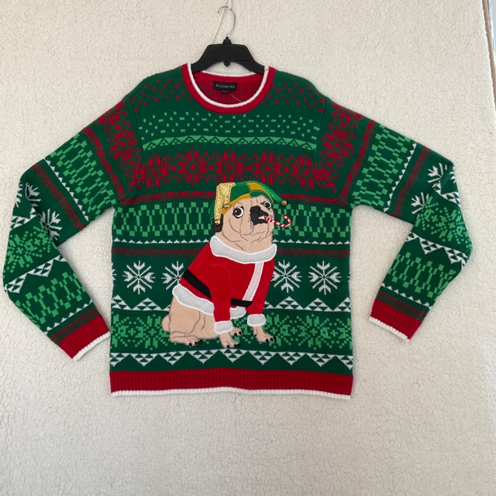 Blizzard Bay Men’s XL Pug Dog with Candy Cane & Jester's Hat Christmas Sweater